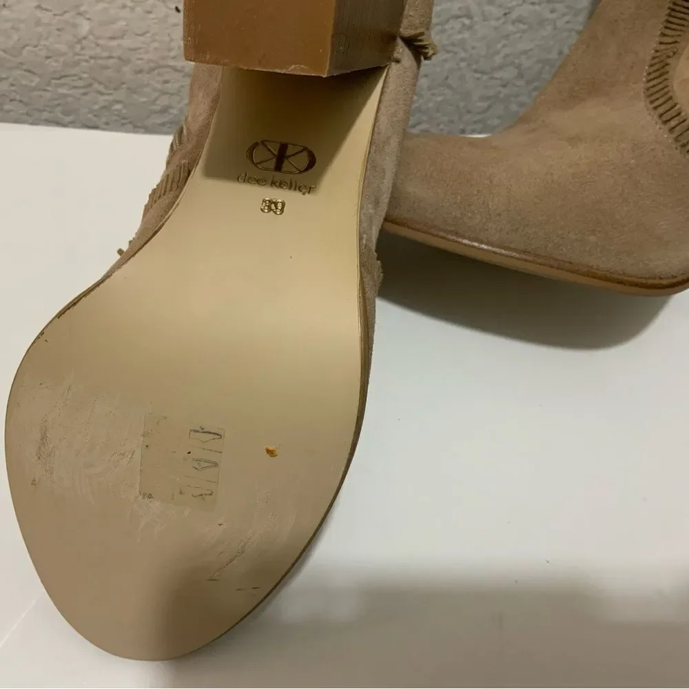 New Dee Keller Tan Suede Mini Fringe Details Ankle Boots Side Zip US 9 EU 39